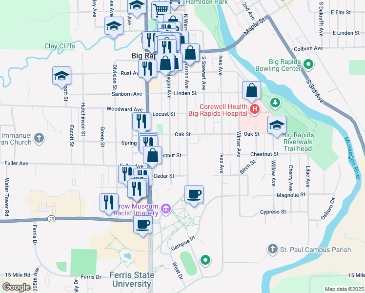 map of restaurants, bars, coffee shops, grocery stores, and more near 528 South Warren Avenue in Big Rapids