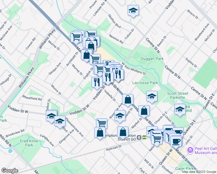 map of restaurants, bars, coffee shops, grocery stores, and more near 341 Main Street North in Brampton