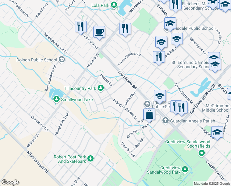 map of restaurants, bars, coffee shops, grocery stores, and more near 98 Bannister Crescent in Brampton