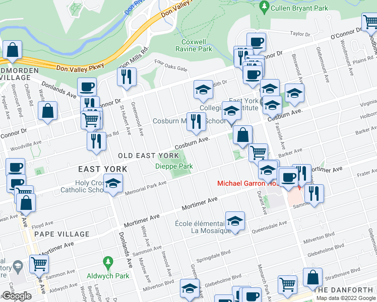 map of restaurants, bars, coffee shops, grocery stores, and more near in Toronto
