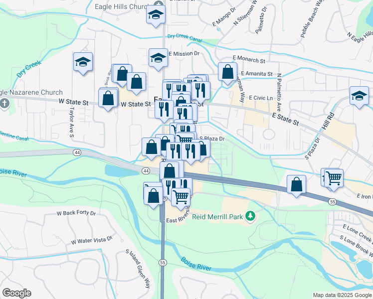 map of restaurants, bars, coffee shops, grocery stores, and more near 250 South Eagle Road in Eagle