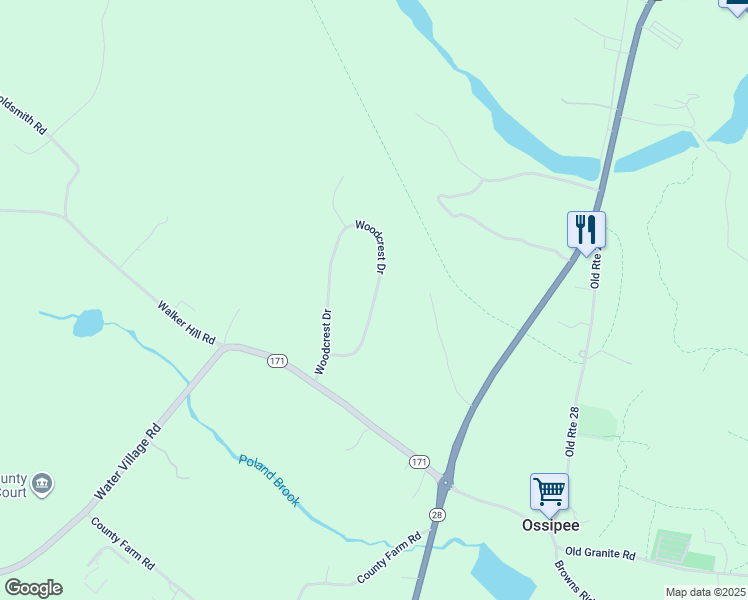 map of restaurants, bars, coffee shops, grocery stores, and more near 12 Woodcrest Drive in Ossipee