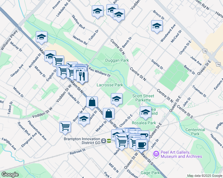 map of restaurants, bars, coffee shops, grocery stores, and more near 100 Ken Whillans Drive in Brampton