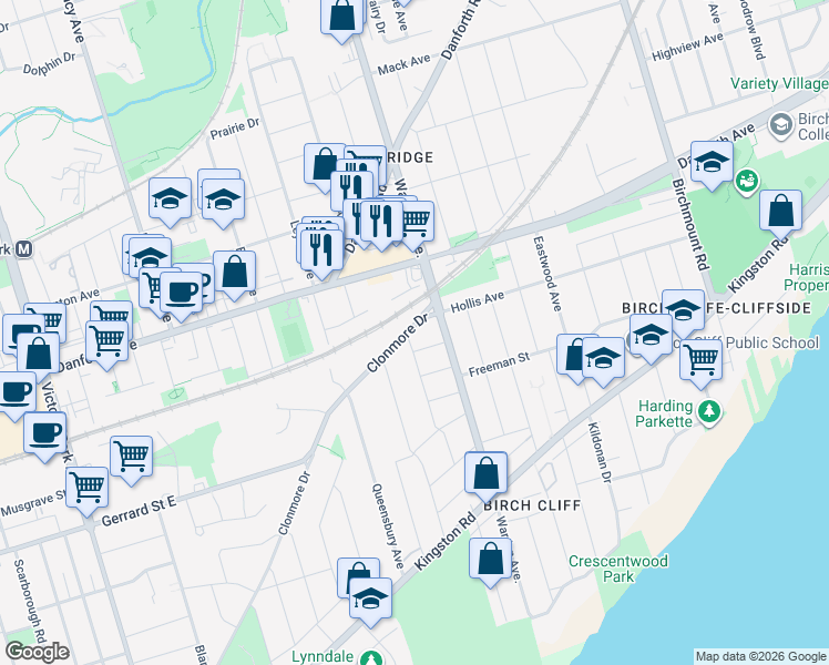 map of restaurants, bars, coffee shops, grocery stores, and more near 61 Red Deer Avenue in Toronto