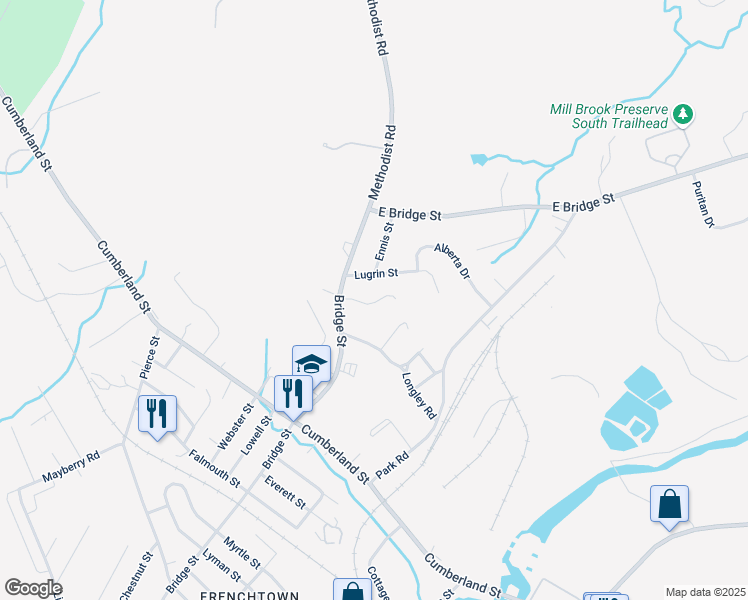 map of restaurants, bars, coffee shops, grocery stores, and more near 527 Bridge Street in Westbrook