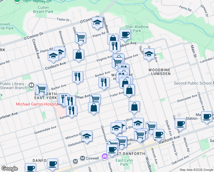 map of restaurants, bars, coffee shops, grocery stores, and more near Woodmount Avenue in Toronto