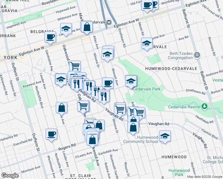 map of restaurants, bars, coffee shops, grocery stores, and more near 370 Atlas Avenue in Toronto