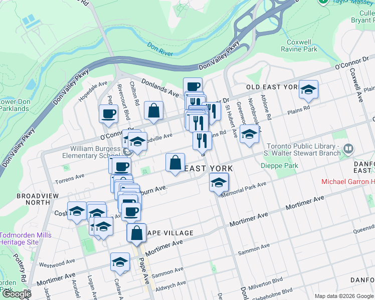 map of restaurants, bars, coffee shops, grocery stores, and more near 259 Torrens Avenue in Toronto