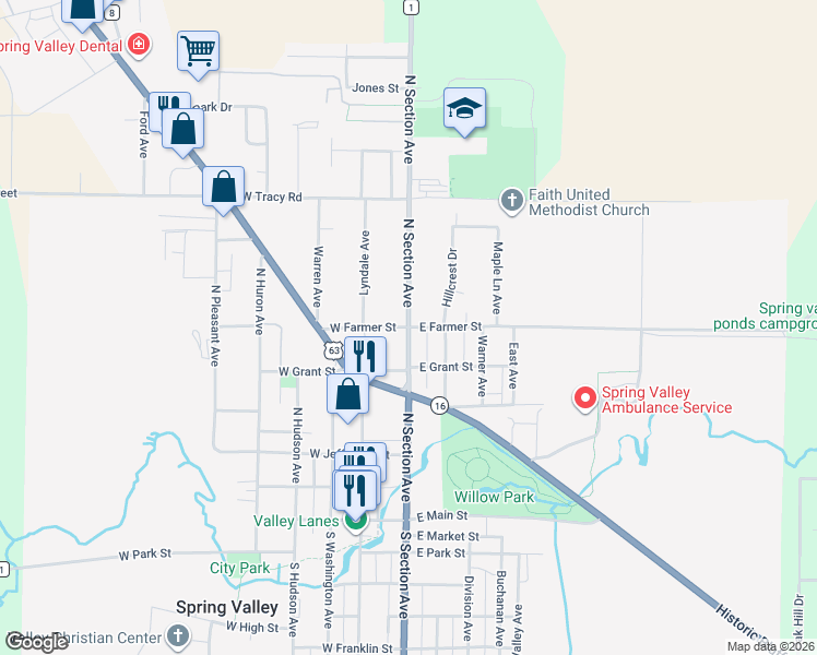 map of restaurants, bars, coffee shops, grocery stores, and more near County Road 1 in Spring Valley