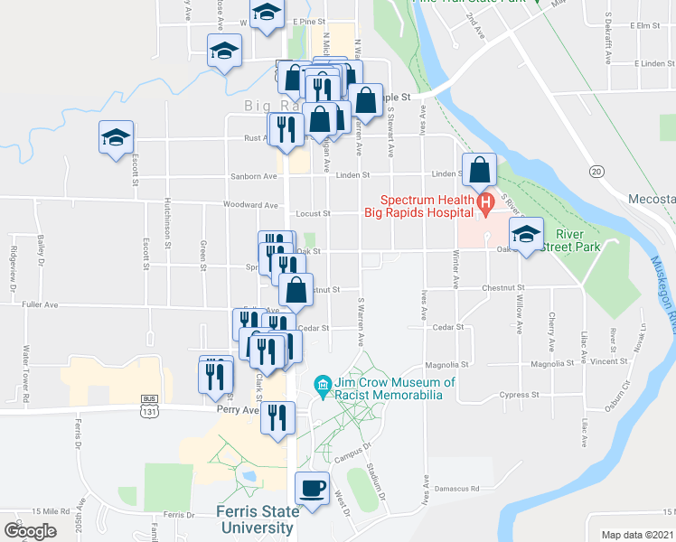 map of restaurants, bars, coffee shops, grocery stores, and more near 515 South Michigan Avenue in Big Rapids