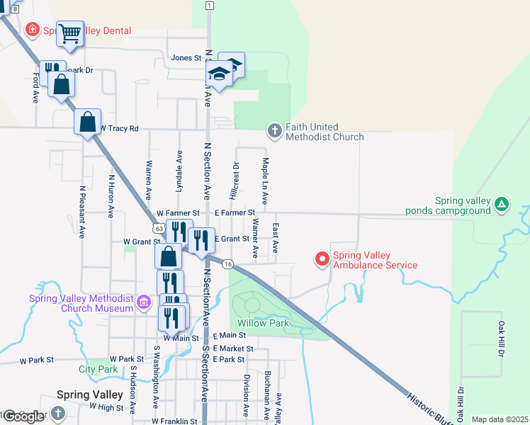 map of restaurants, bars, coffee shops, grocery stores, and more near County Highway 8 in Spring Valley