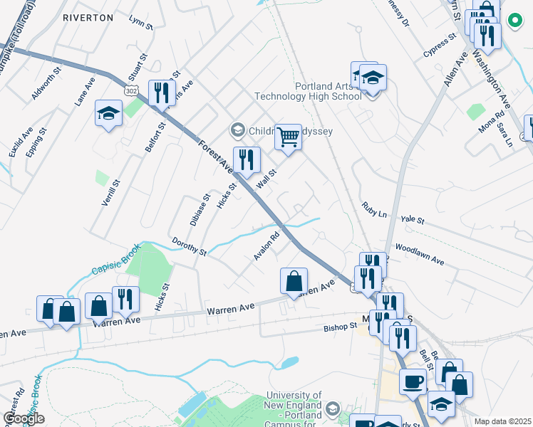 map of restaurants, bars, coffee shops, grocery stores, and more near 1390 Forest Avenue in Portland