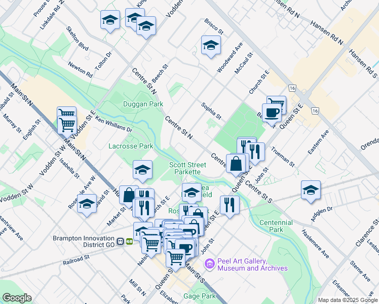 map of restaurants, bars, coffee shops, grocery stores, and more near 66 Scott Street in Brampton