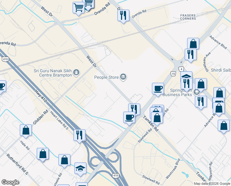 map of restaurants, bars, coffee shops, grocery stores, and more near 0 Finley Road in Brampton