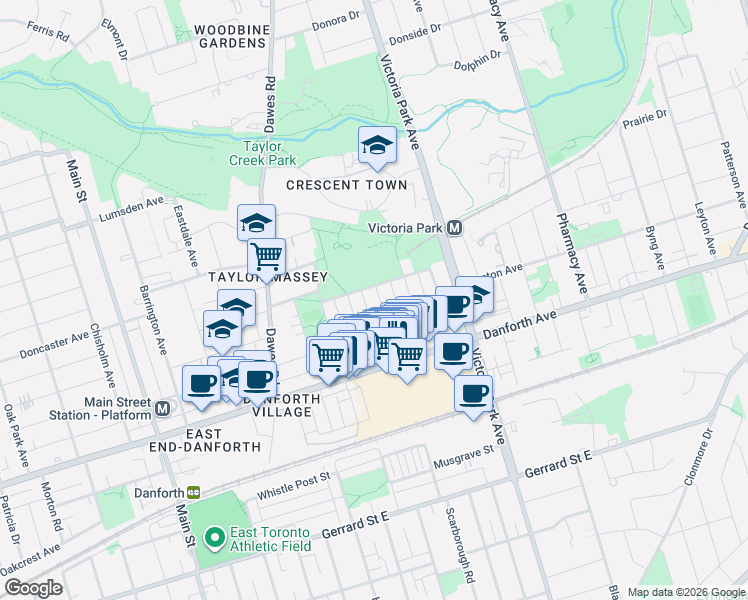 map of restaurants, bars, coffee shops, grocery stores, and more near in Toronto