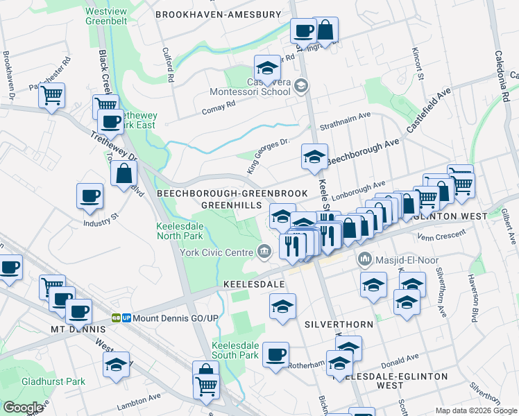 map of restaurants, bars, coffee shops, grocery stores, and more near 3 Greentree Court in Toronto