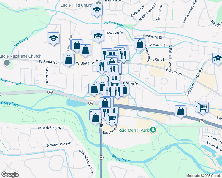 map of restaurants, bars, coffee shops, grocery stores, and more near 250 South Eagle Road in Eagle