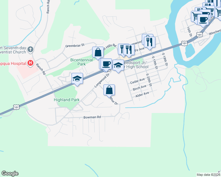 map of restaurants, bars, coffee shops, grocery stores, and more near 2397 Arthur Drive in Reedsport