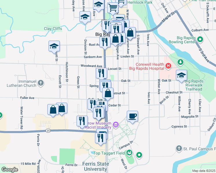 map of restaurants, bars, coffee shops, grocery stores, and more near 513 South State Street in Big Rapids