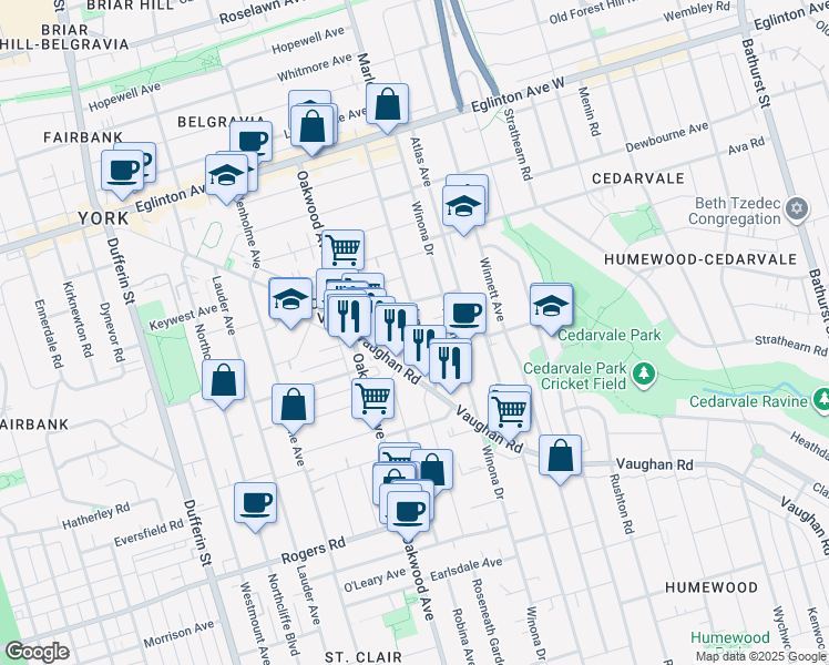map of restaurants, bars, coffee shops, grocery stores, and more near 38 Alameda Avenue in Toronto
