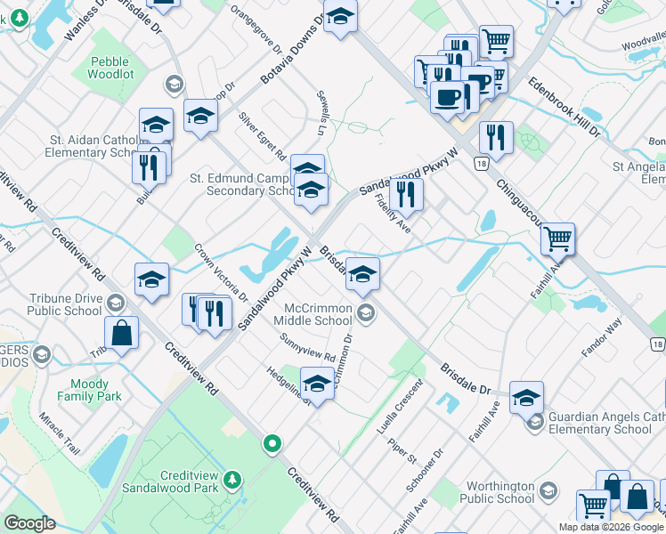 map of restaurants, bars, coffee shops, grocery stores, and more near 250 Brisdale Drive in Brampton