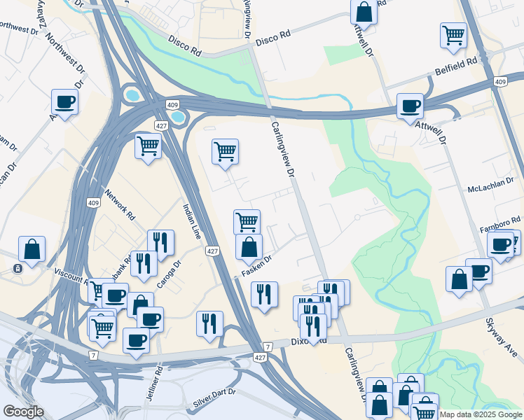 map of restaurants, bars, coffee shops, grocery stores, and more near 27 Worcester Road in Toronto