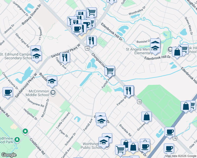 map of restaurants, bars, coffee shops, grocery stores, and more near 30 Lonestar Crescent in Brampton