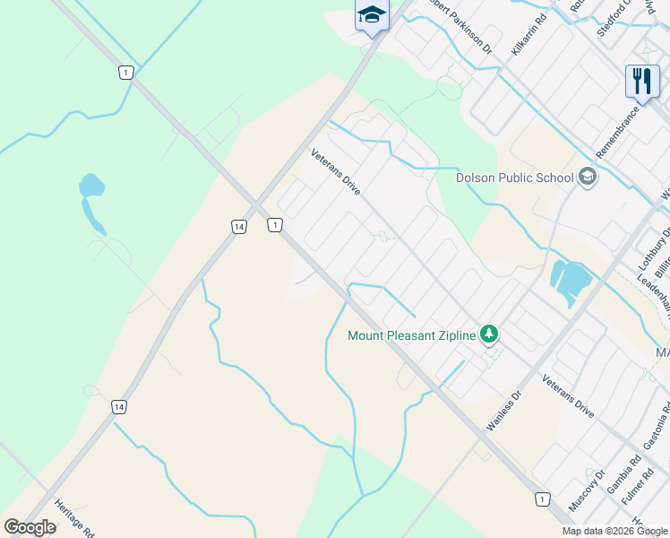 map of restaurants, bars, coffee shops, grocery stores, and more near 1 Goderich Drive in Brampton
