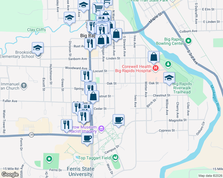 map of restaurants, bars, coffee shops, grocery stores, and more near 528 South Warren Avenue in Big Rapids