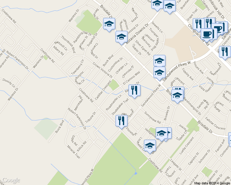 map of restaurants, bars, coffee shops, grocery stores, and more near 18 Roadmaster Lane in Brampton