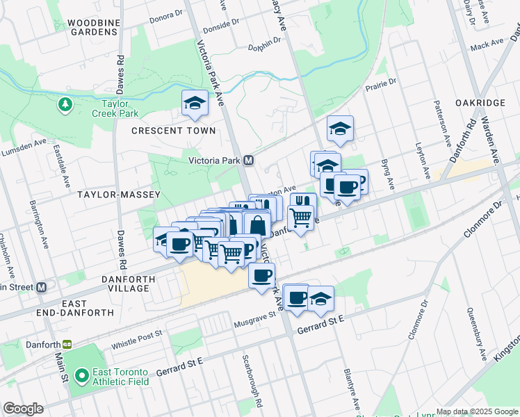 map of restaurants, bars, coffee shops, grocery stores, and more near 757 Victoria Park Avenue in Toronto