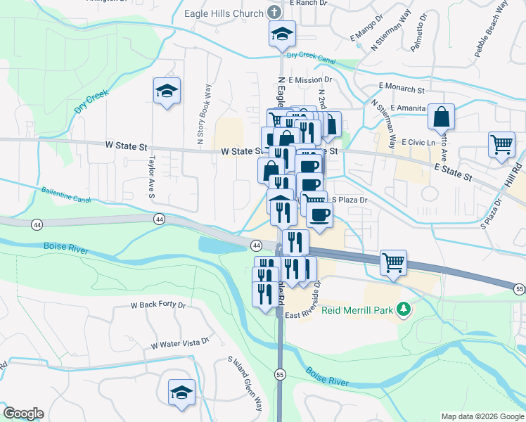 map of restaurants, bars, coffee shops, grocery stores, and more near 403 South Eagle Road in Eagle