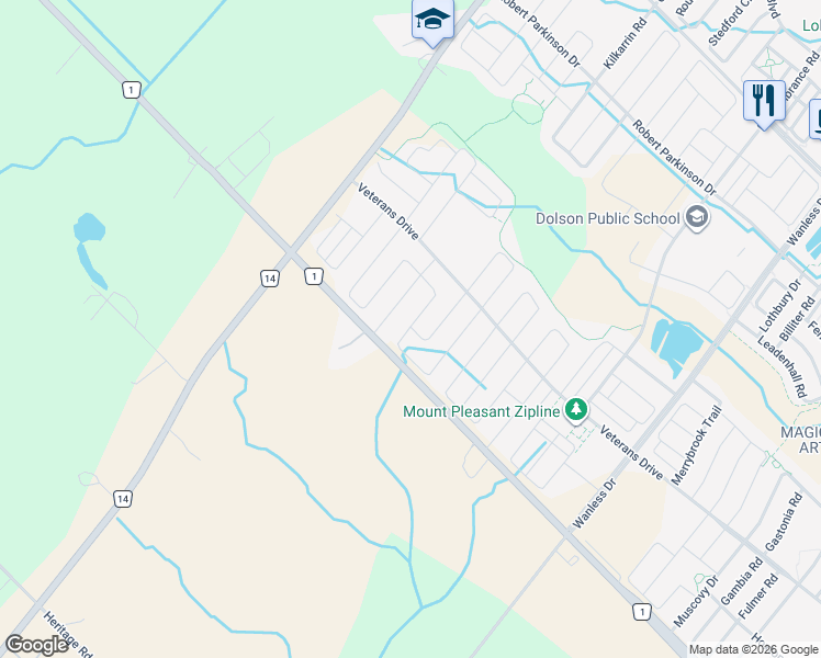 map of restaurants, bars, coffee shops, grocery stores, and more near 85 Adventura Road in Brampton