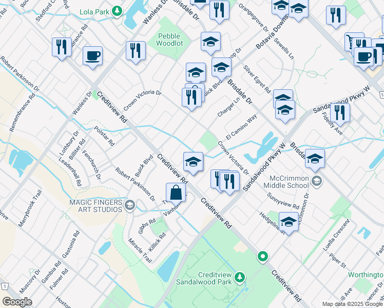 map of restaurants, bars, coffee shops, grocery stores, and more near 92 El Camino Way in Brampton