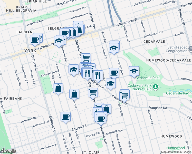 map of restaurants, bars, coffee shops, grocery stores, and more near 30 Glenora Avenue in Toronto
