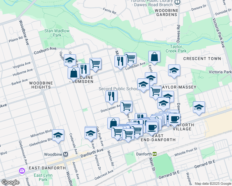 map of restaurants, bars, coffee shops, grocery stores, and more near 59 Orley Avenue in Toronto