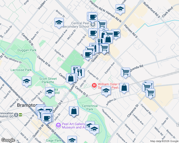 map of restaurants, bars, coffee shops, grocery stores, and more near 6 Trueman Street in Brampton