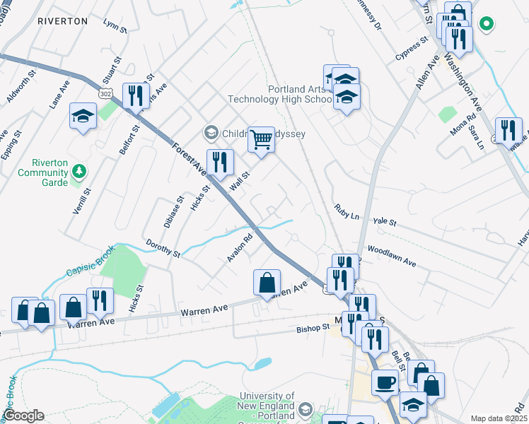 map of restaurants, bars, coffee shops, grocery stores, and more near 1375 Forest Avenue in Portland