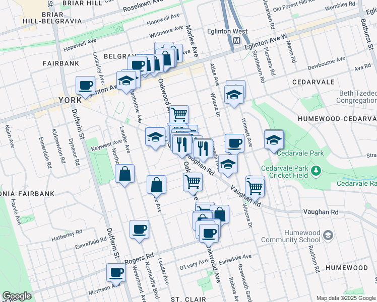 map of restaurants, bars, coffee shops, grocery stores, and more near in Toronto