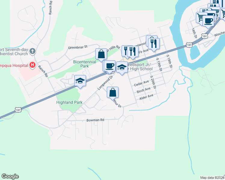 map of restaurants, bars, coffee shops, grocery stores, and more near 2397 Arthur Drive in Reedsport