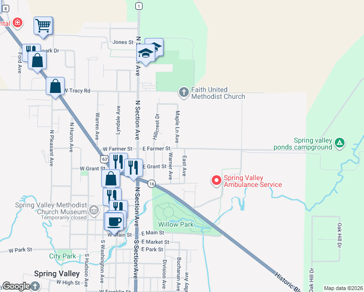 map of restaurants, bars, coffee shops, grocery stores, and more near 412 East Avenue in Spring Valley