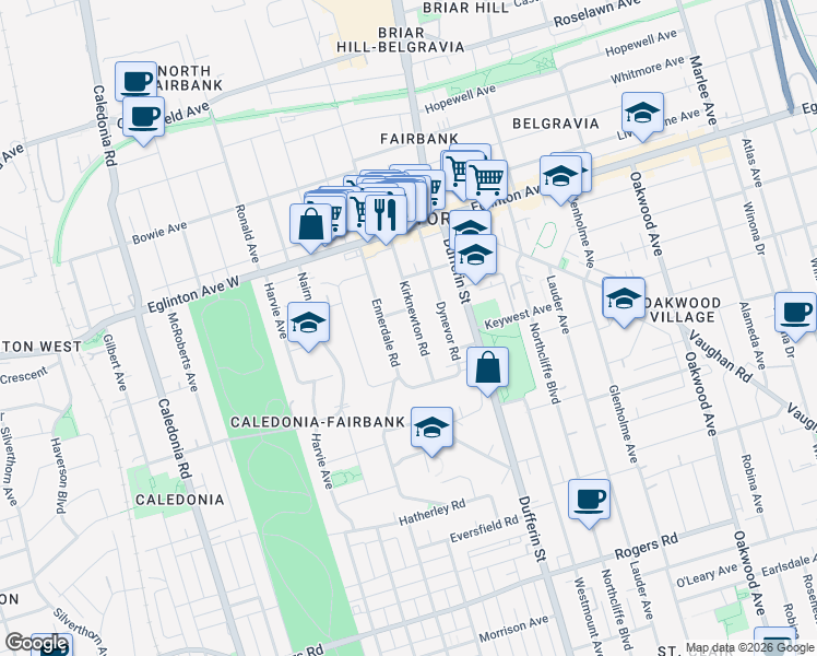map of restaurants, bars, coffee shops, grocery stores, and more near 50 Kirknewton Road in Toronto