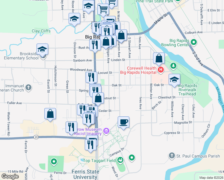 map of restaurants, bars, coffee shops, grocery stores, and more near 511 South Michigan Avenue in Big Rapids