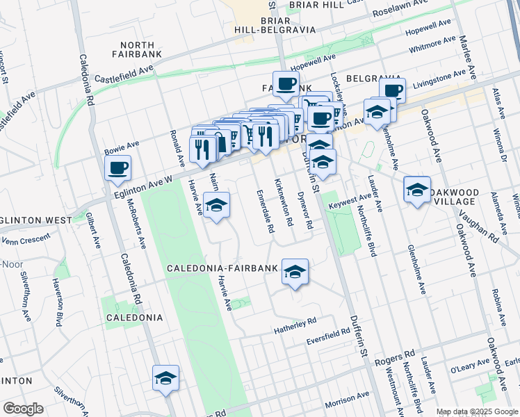 map of restaurants, bars, coffee shops, grocery stores, and more near 170 Ennerdale Road in Toronto