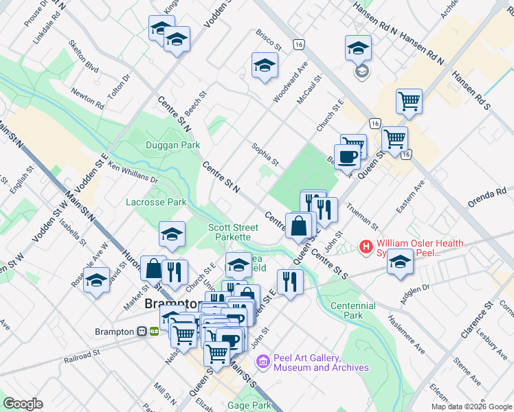 map of restaurants, bars, coffee shops, grocery stores, and more near Church Street East in Brampton