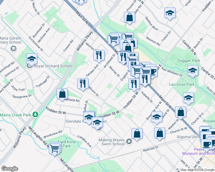 map of restaurants, bars, coffee shops, grocery stores, and more near Reeve Road in Brampton