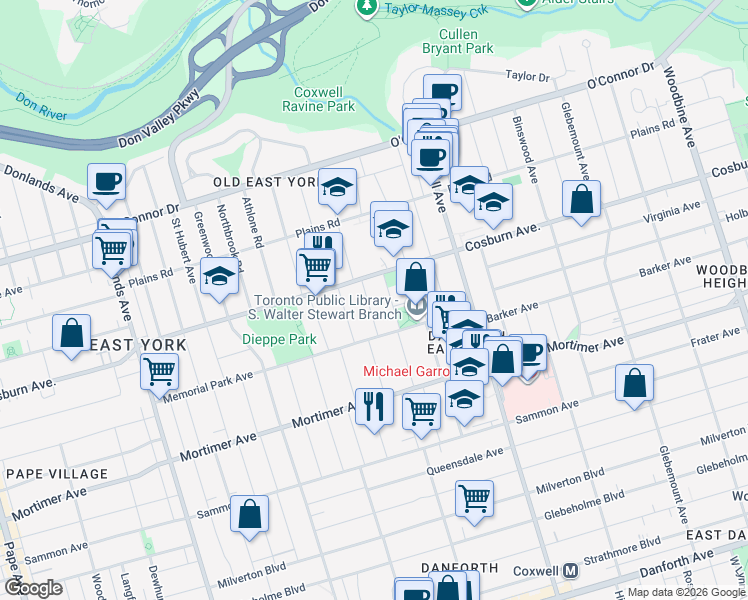 map of restaurants, bars, coffee shops, grocery stores, and more near in Toronto