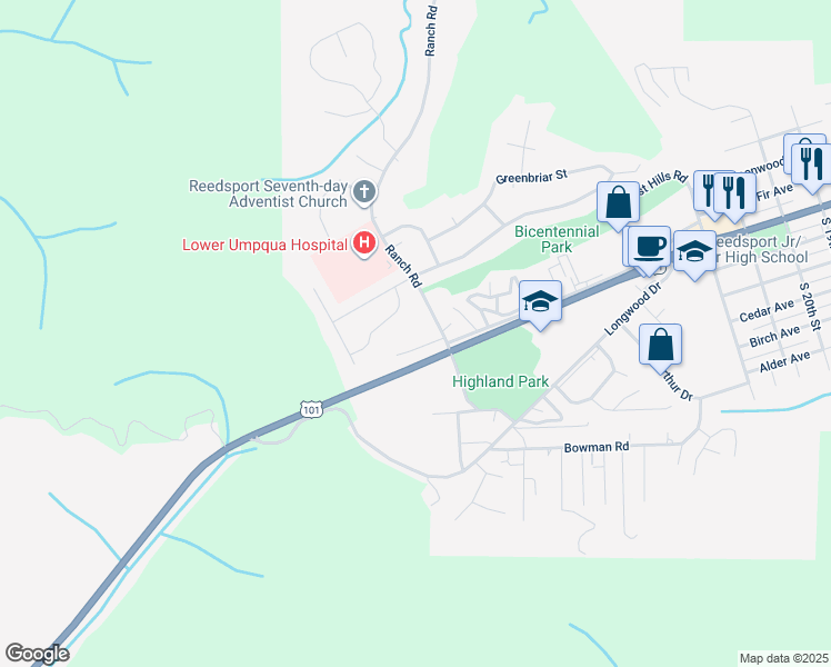 map of restaurants, bars, coffee shops, grocery stores, and more near 220 Ranch Road in Reedsport