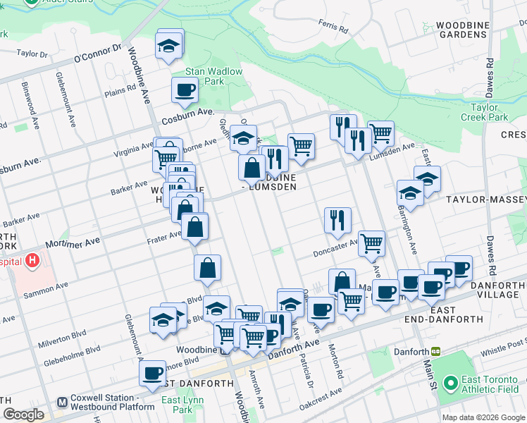 map of restaurants, bars, coffee shops, grocery stores, and more near in Toronto