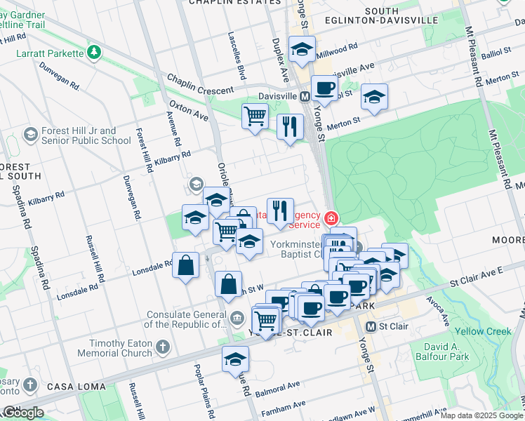 map of restaurants, bars, coffee shops, grocery stores, and more near in Toronto